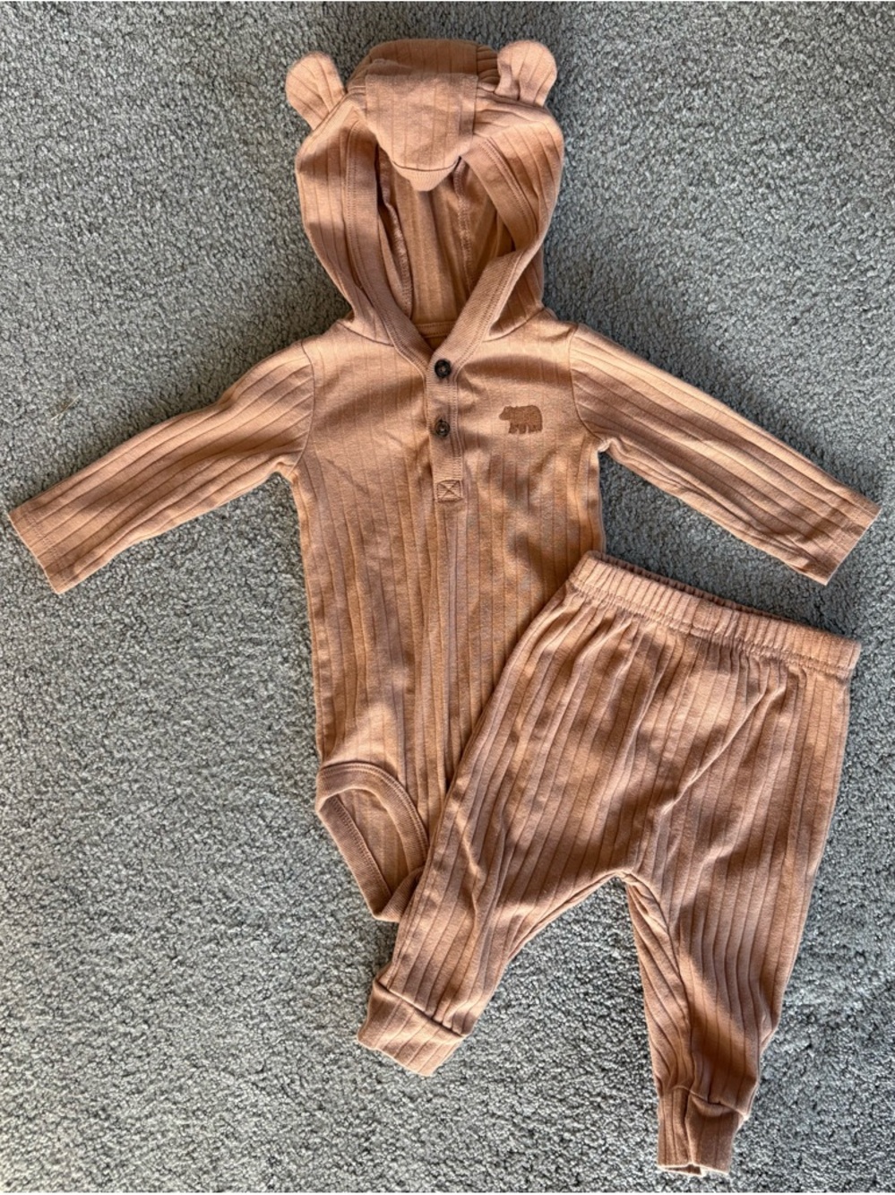 3/$25 Carter's Bear Themed Ribbed Hooded Baby One-Piece Set in Brown